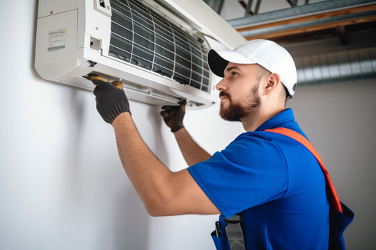 HVAC technician installing a mini split air conditioner in Union City