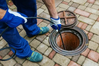 Plumber cleaning an outdoor sewer drain in Union City