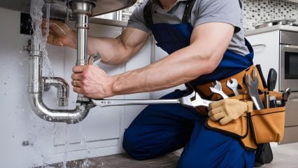 Plumber repairing pipes beneath a sink in Union City