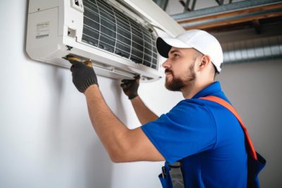 Mini Split AC Installation Union City HVAC technician installing a mini split air conditioner in Union City