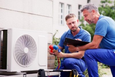 Outdoor AC Installation Union City HVAC technicians installing an outdoor air conditioning unit in Union City